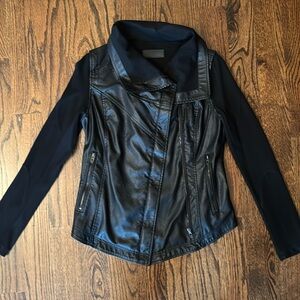 BLANK NYC Faux Leather/Ribbed Sleeve Motorcycle Jacket